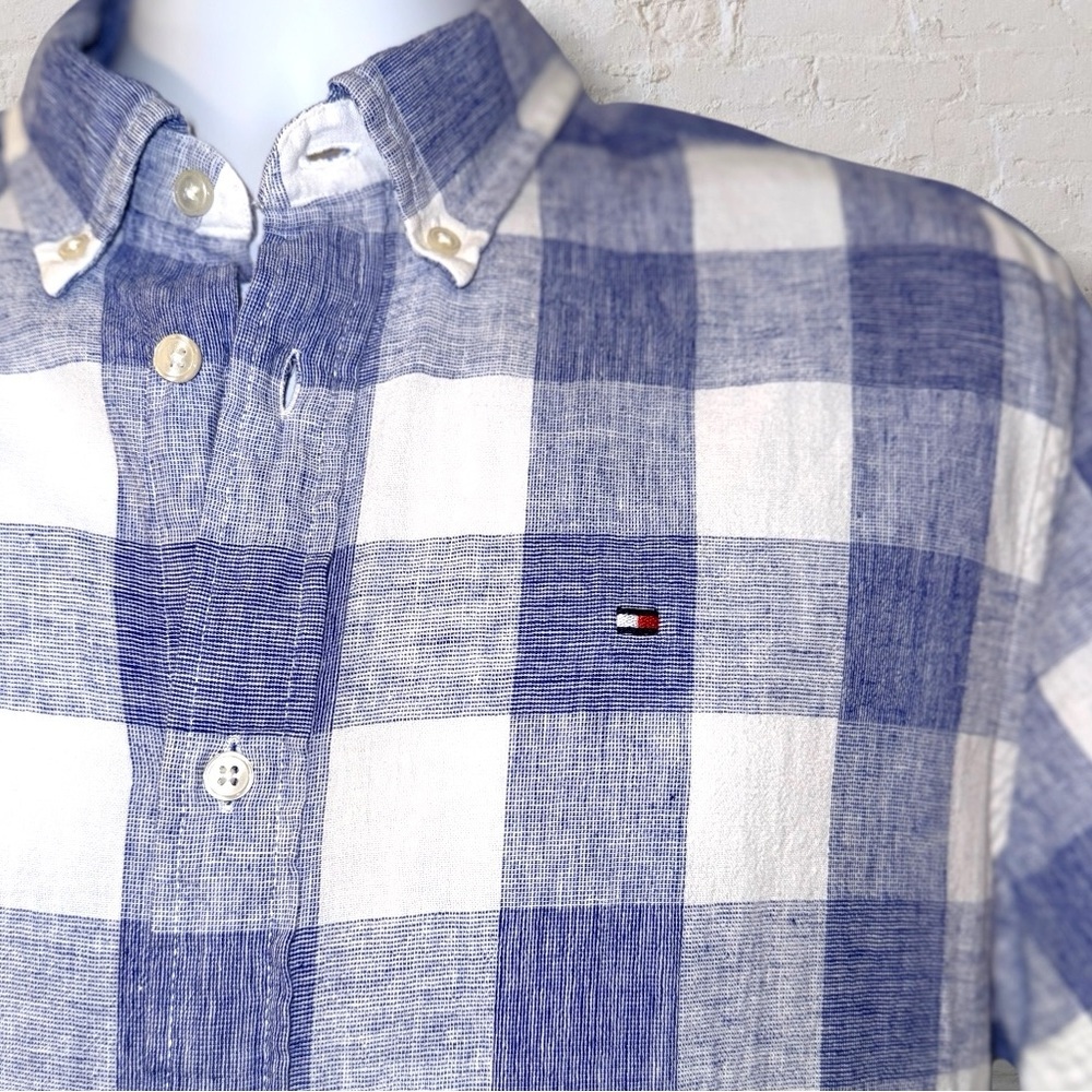 Tommy Hilfiger Linen Cotton Short Sleeve Button Down Shirt Blue Plaid Large
